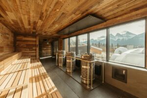 Canmore sauna with stunning mountain views and wooden interior