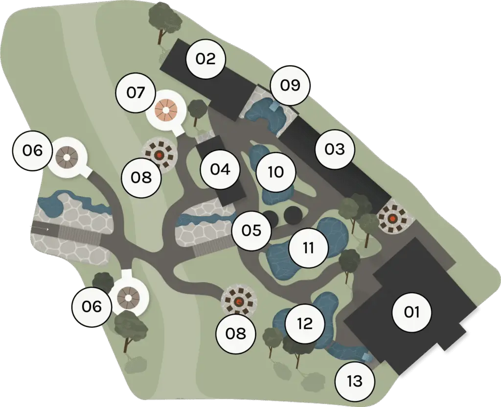 Map of a spa resort with numbered amenities, including pools and buildings.