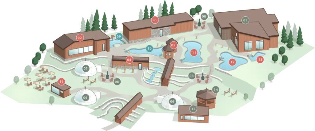 Aerial view of a spa complex with pools, saunas, and relaxation domes.